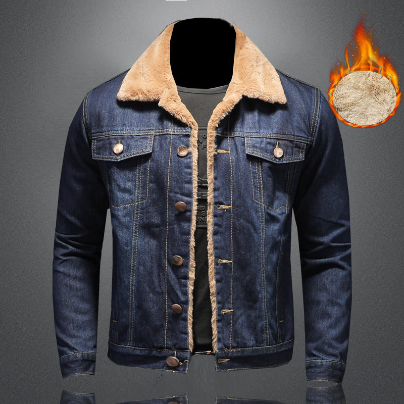 Plush and thickened warm denim jacket Men's plus size simple denim jacket