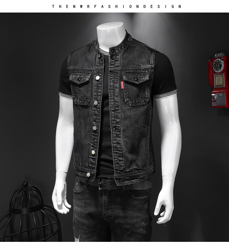 Men's Harley Davidson Team Uniform Black Stand Collar Large Size Denim Vest
