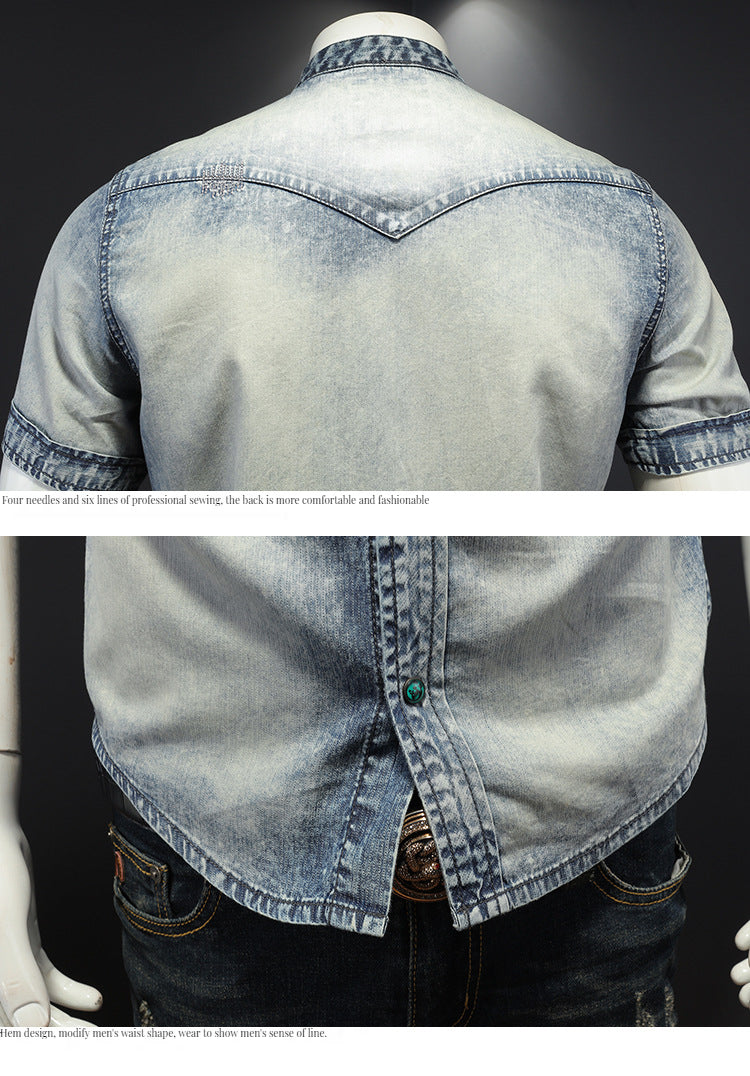 Men's denim short sleeve lining Vintage washed denim shirt summer