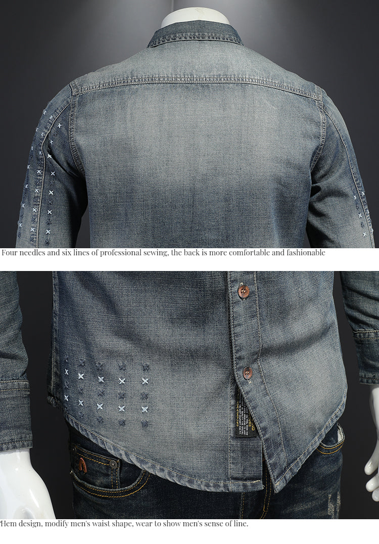 High quality vintage embroidered washed shirt for men slim fit