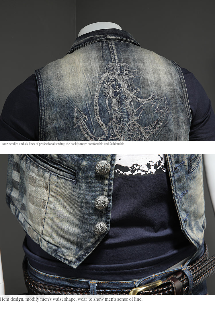 Men's denim vest, denim suit, men's embroidery vest