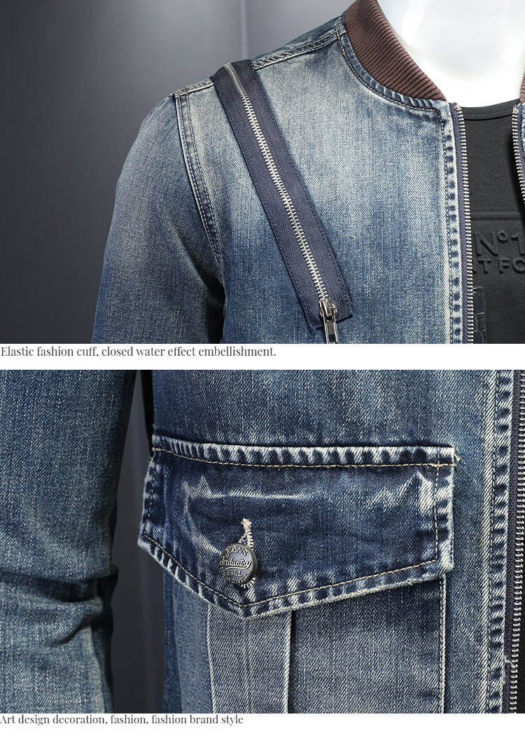 Men's zipper baseball collar denim jacket