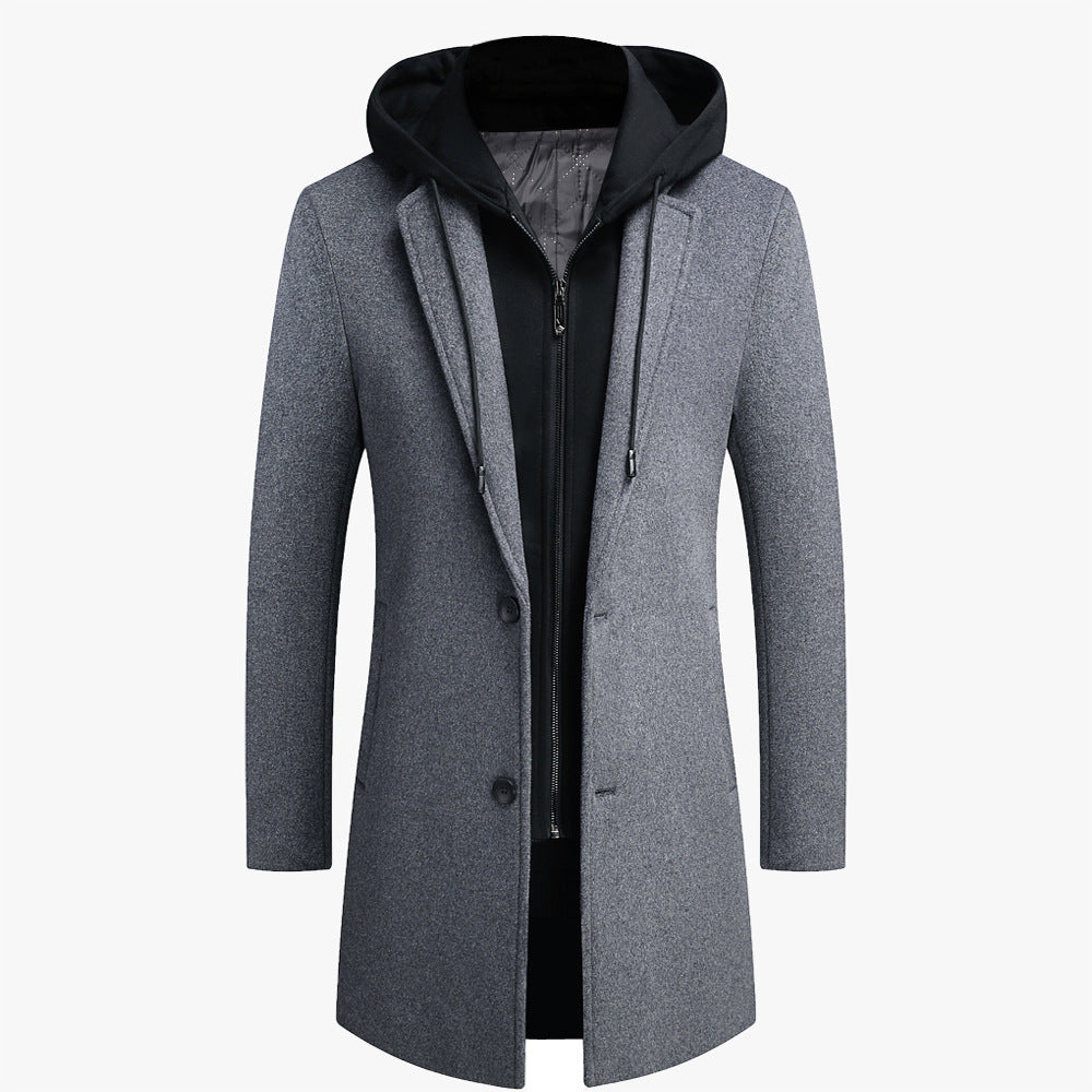 Men's woolen coat mid-length double collar detachable hood woolen coat