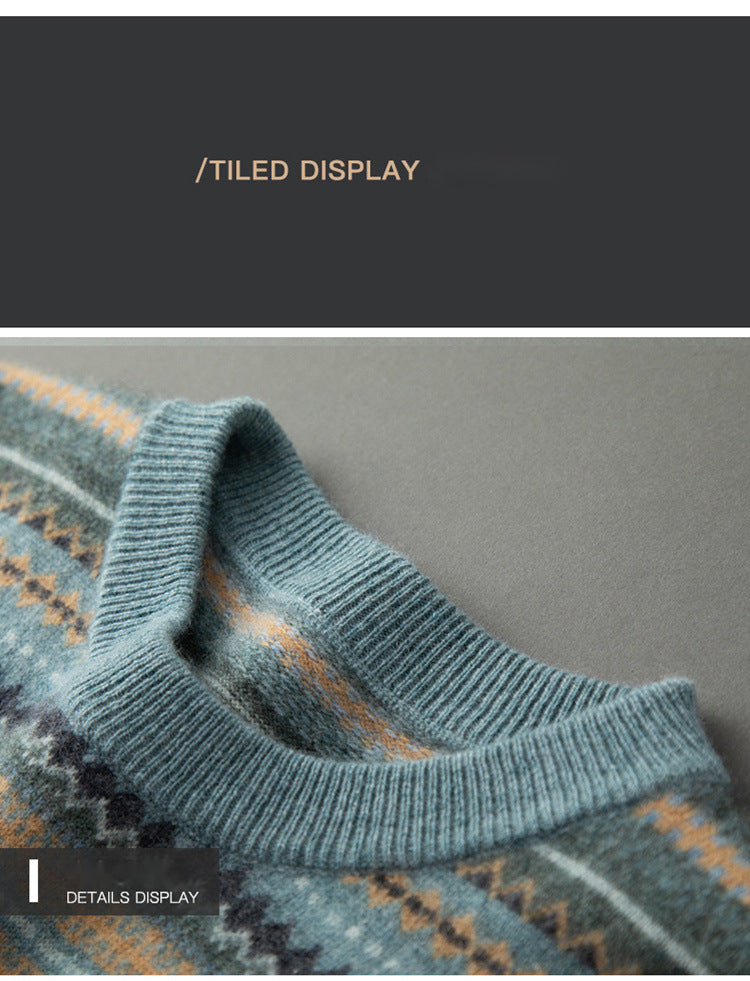 Men's Cashmere Sweater Round Neck Short Retro Striped Loose Knitted Bottoming Sweater