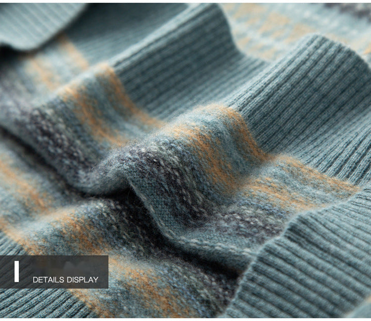Men's Cashmere Sweater Round Neck Short Retro Striped Loose Knitted Bottoming Sweater