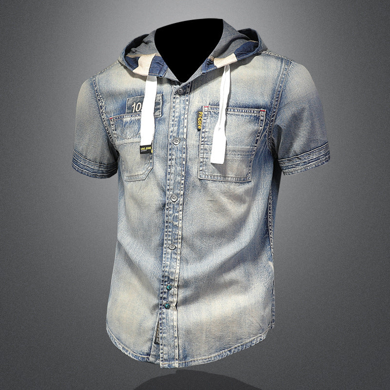 Summer trend men's short-sleeved hooded denim casual shirt retro slim handsome casual