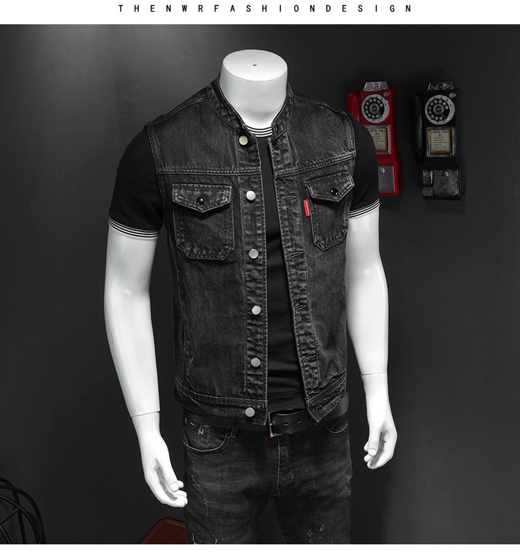Men's Harley Davidson Team Uniform Black Stand Collar Large Size Denim Vest