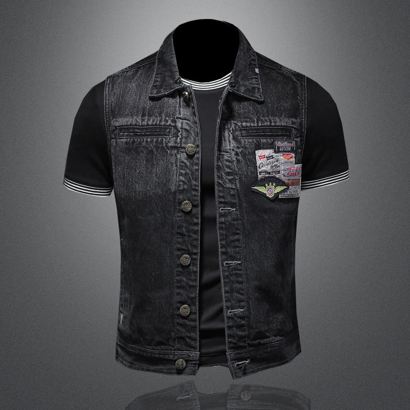 Punk Large Size Motorcycle Denim Men's Vest Personality Retro Black Denim Patch