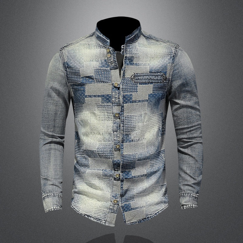 Retro personalized patchwork denim shirt punk shirt men