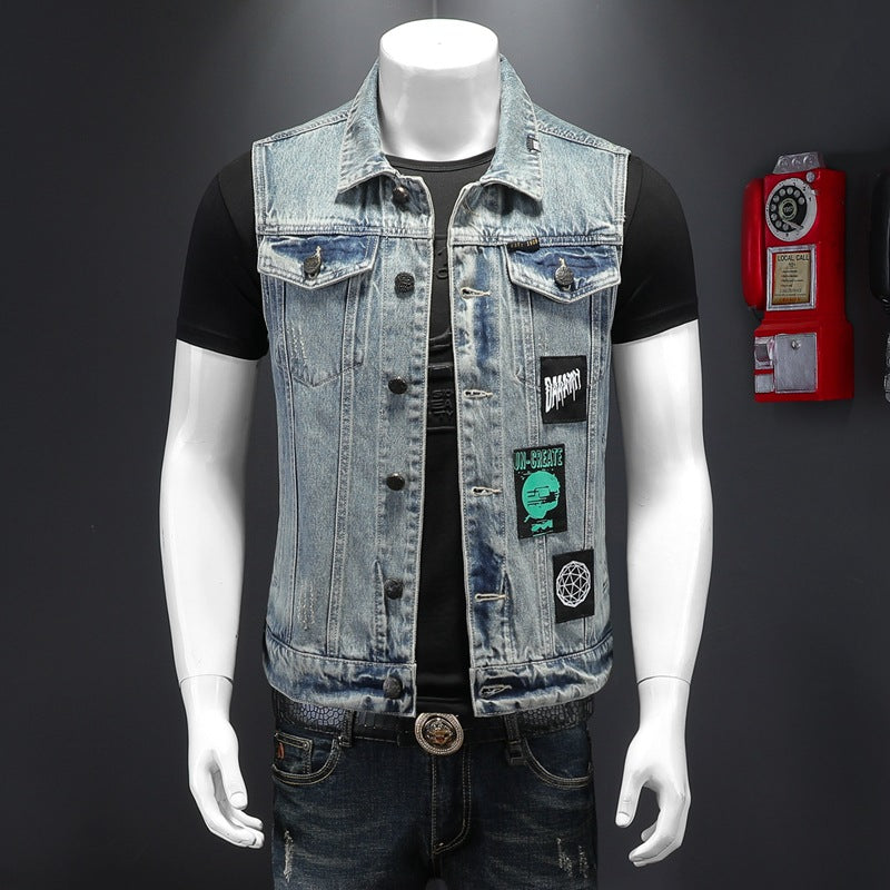 Men's light-colored patch washed denim vest