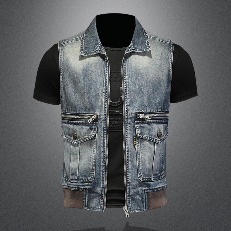 Retro large pocket zipper lapel denim vest for boys trendy vest