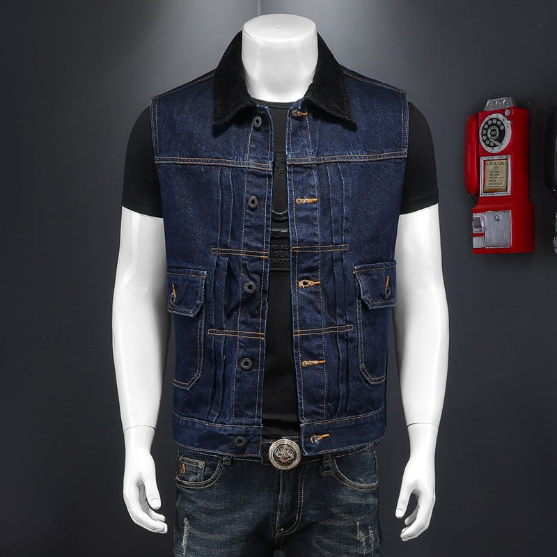 Men's large pocket stitching raw lapel denim vest