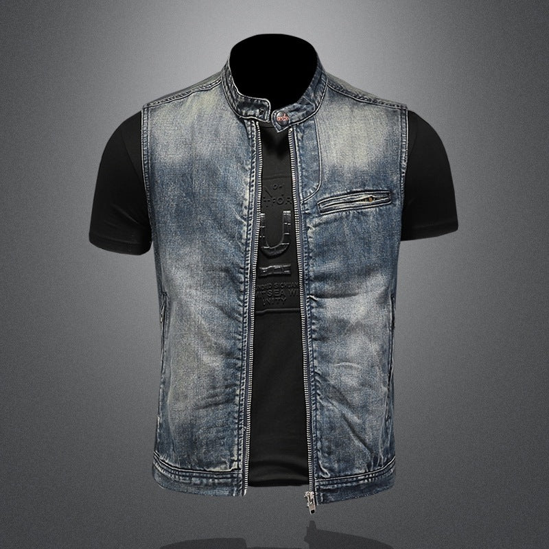 Sexy stand collar denim vest Zipper simple retro trend denim vest for men