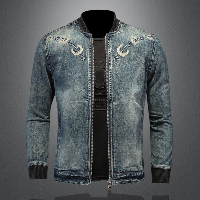 Baseball Rib Embroidered Denim Jacket for Men