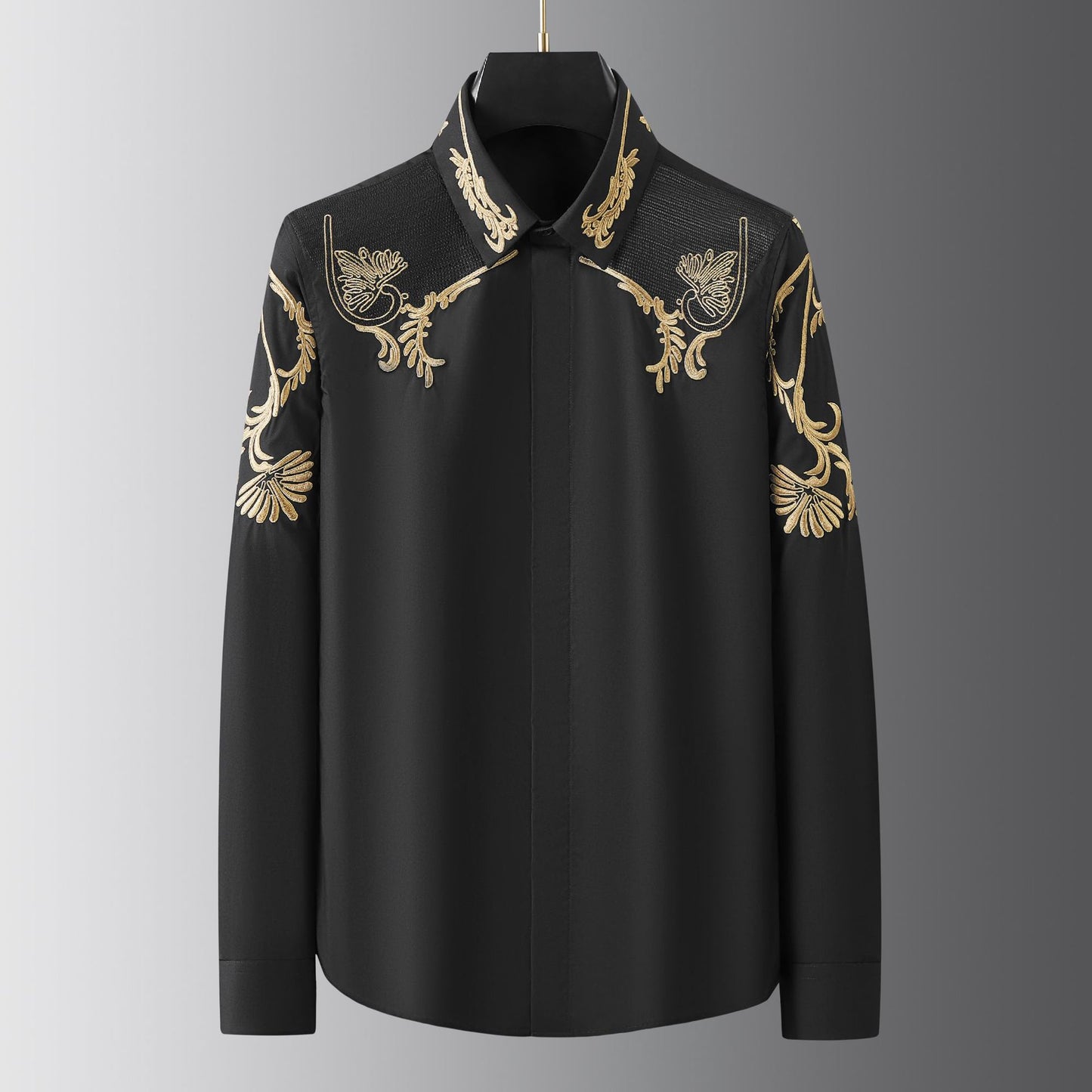 Heavy craft embroidered wheat ear flower men's long sleeve shirt