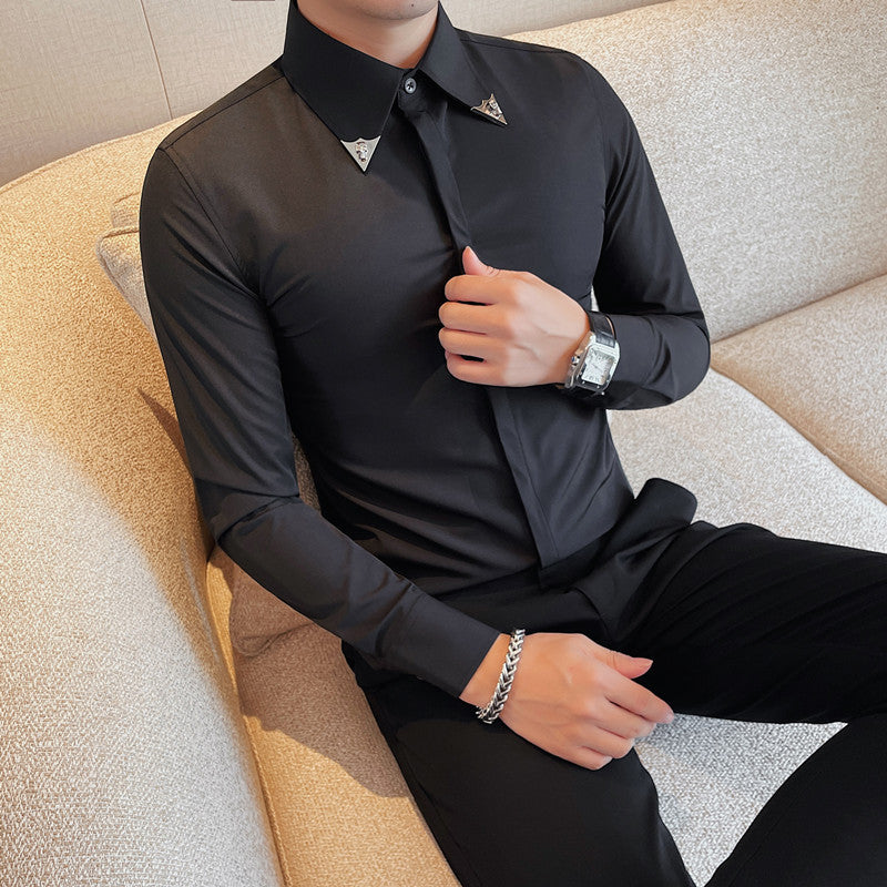 Men's long-sleeved shirt trendy casual handsome slim shirt with concealed button large collar