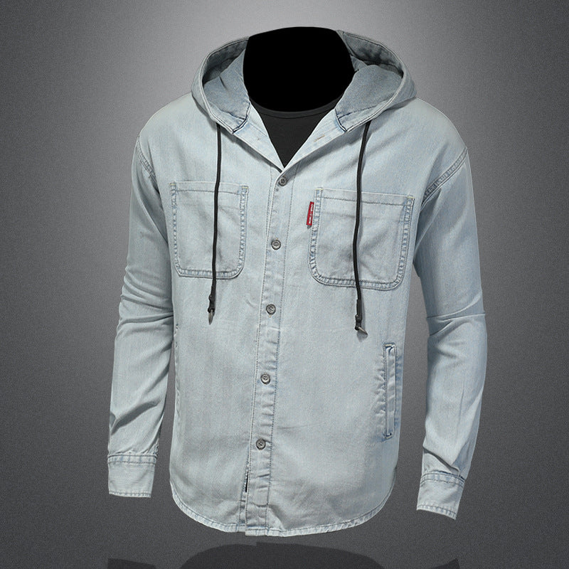 Men's light colored hooded shirt with embroidery