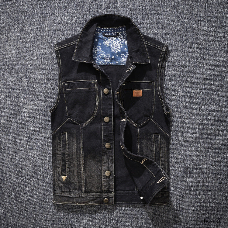 Men's slim fit black denim vest Vintage denim sleeveless vest