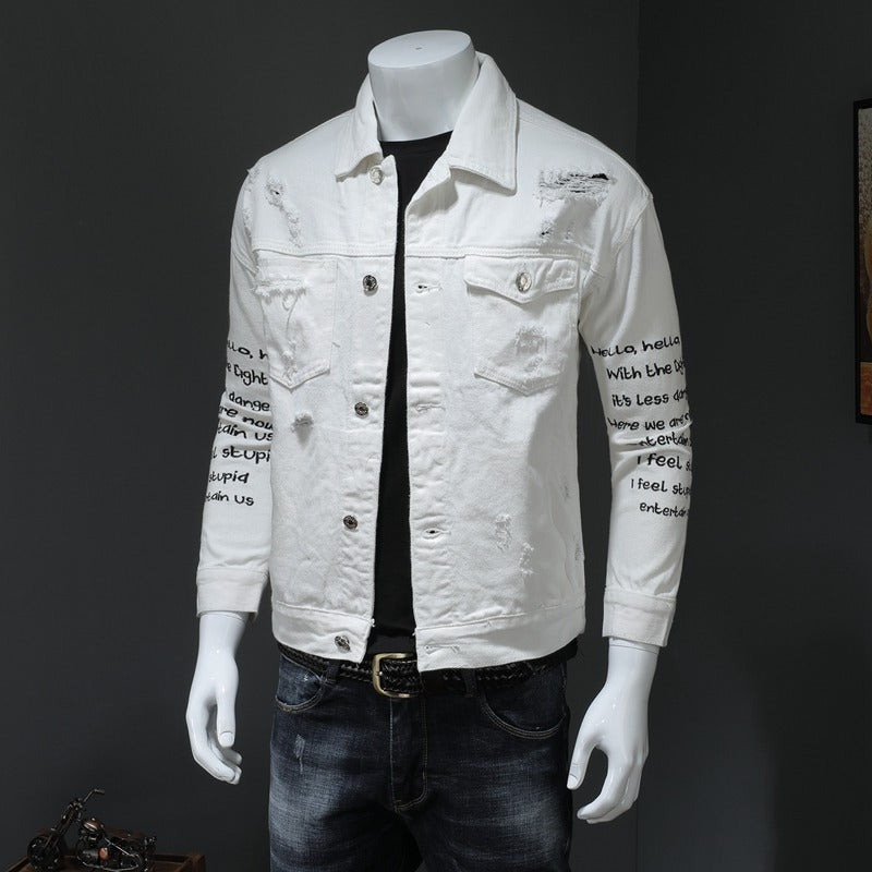 White and pink denim jacket Men's versatile trendy denim print jacket