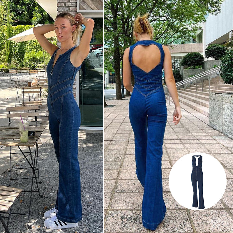 Women's backless sweetheart denim jumpsuit