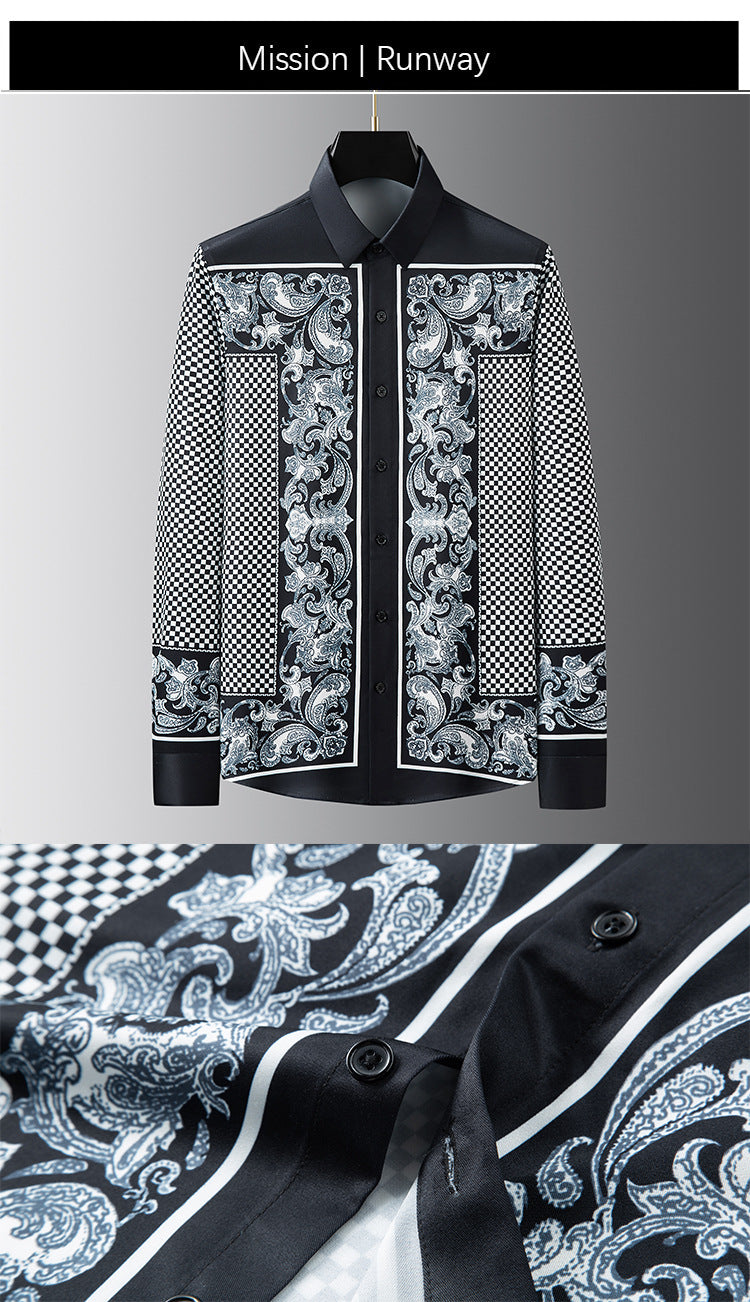 Non-iron and wrinkle-free men's long-sleeved shirt with digital printing casual shirt
