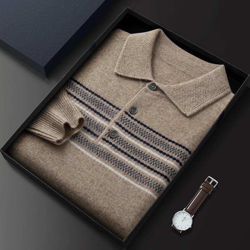 Men's Polo Shirt Collar Cashmere Sweater Fashion Jacquard Striped Sweater Loose Pullover Knitted Bottoming Shirt Top