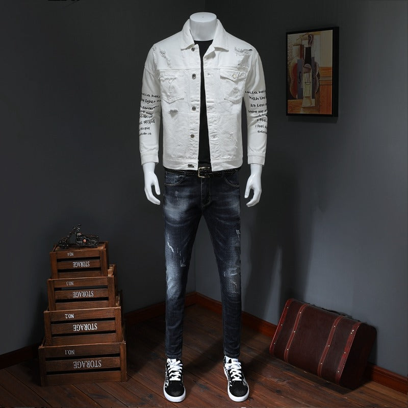 White and pink denim jacket Men's versatile trendy denim print jacket