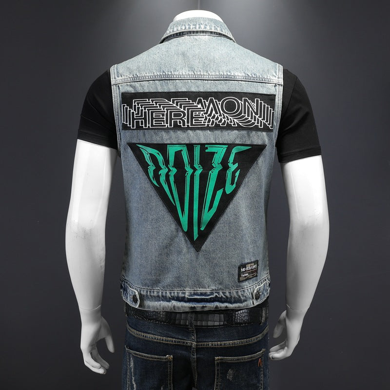 Men's light-colored patch washed denim vest