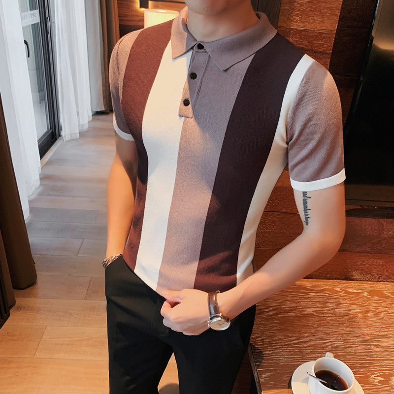 Striped Colorblock Short Sleeve Polo Shirt Men's High-end Lapel Knitted Ice Silk T-shirt