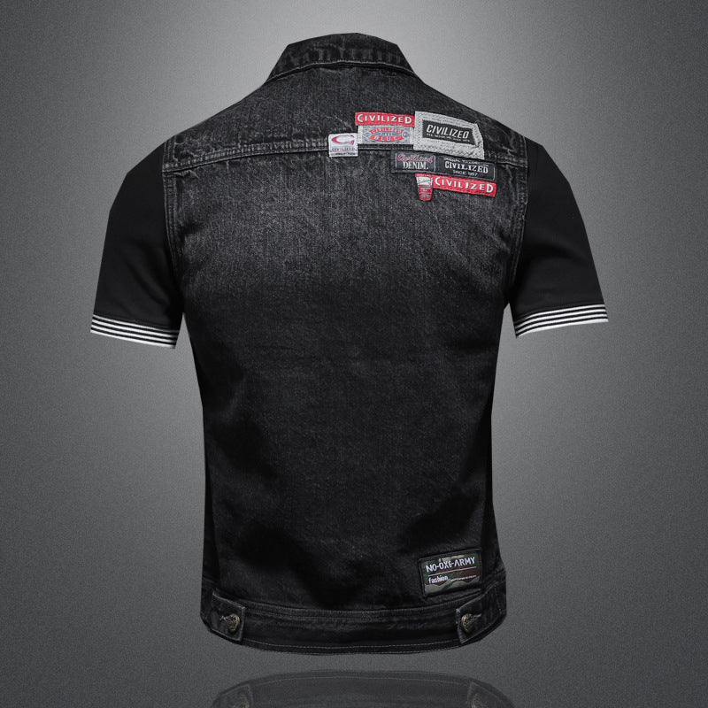 Punk Large Size Motorcycle Denim Men's Vest Personality Retro Black Denim Patch