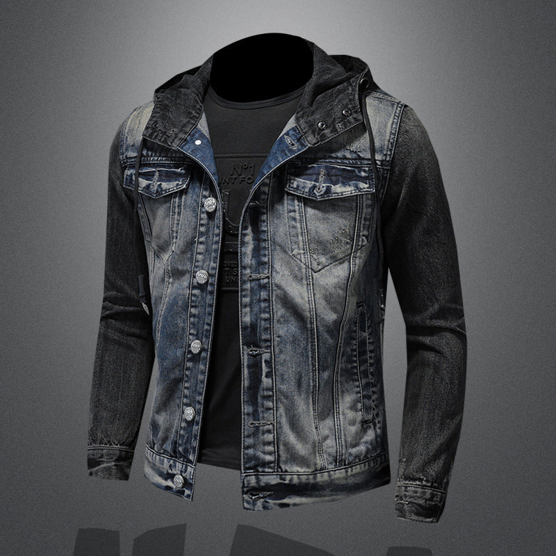 Fashionable hooded denim jacket Heavyweight personality casual denim slim fit