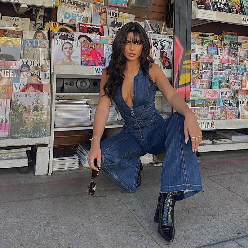 Women's backless sweetheart denim jumpsuit