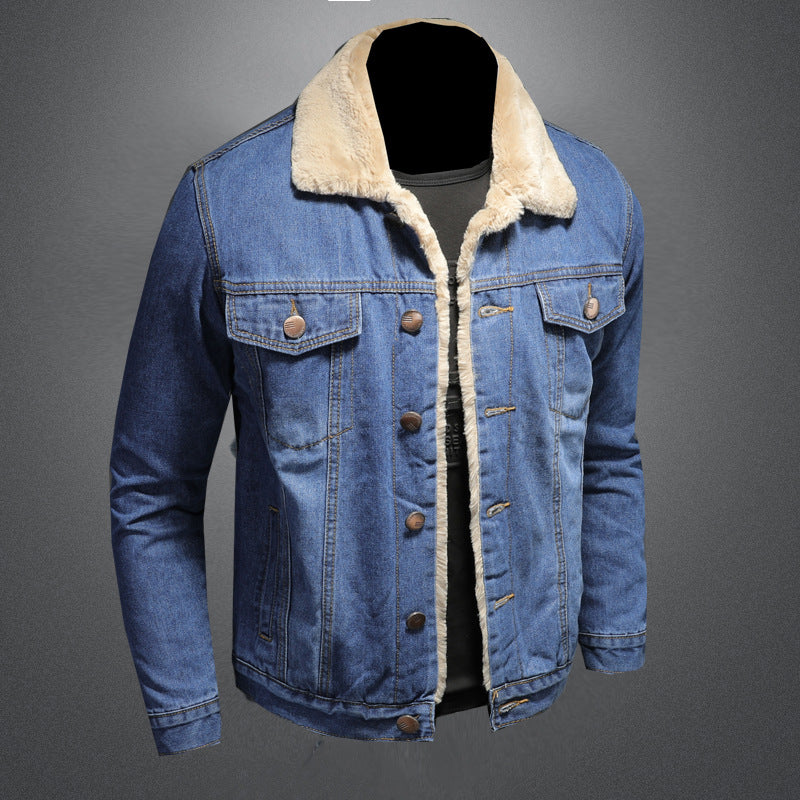 Plush and thickened warm denim jacket Men's plus size simple denim jacket