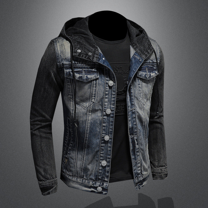 Fashionable hooded denim jacket Heavyweight personality casual denim slim fit