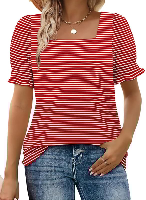 🔥 Tops for Women Summer Casual Ruffle Trim Sleeve Square Neck T Shirts