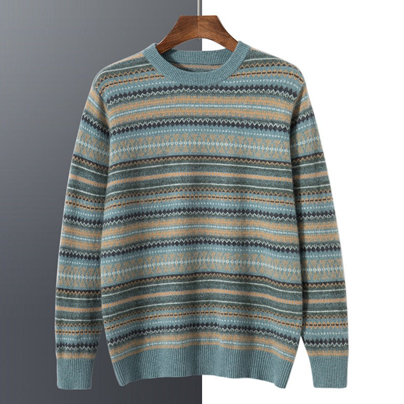 Men's Cashmere Sweater Round Neck Short Retro Striped Loose Knitted Bottoming Sweater