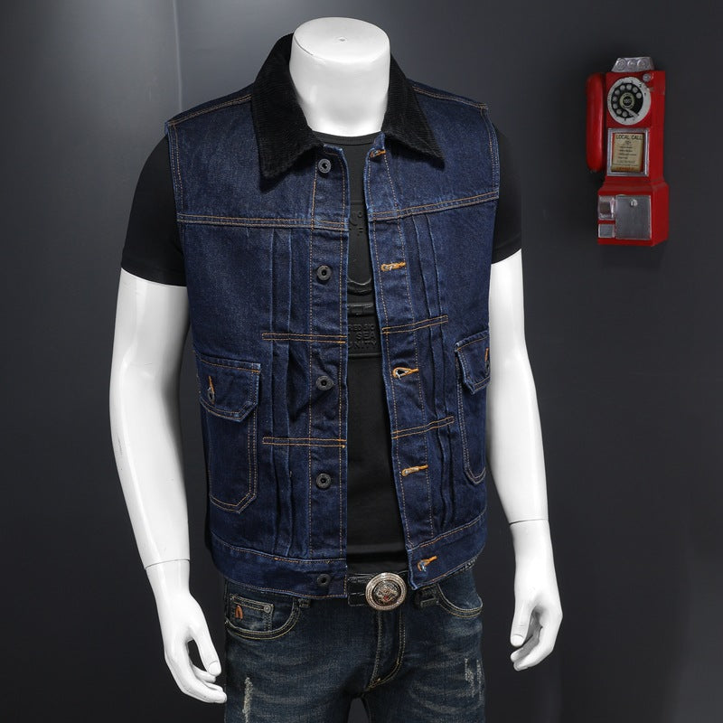 Men's large pocket stitching raw lapel denim vest
