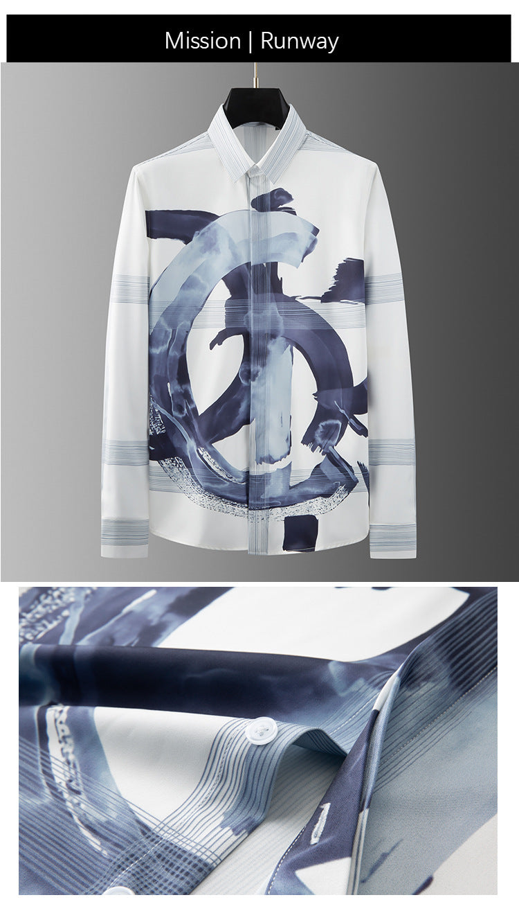 Vertical ink splash letter positioning printing men's long sleeve shirt