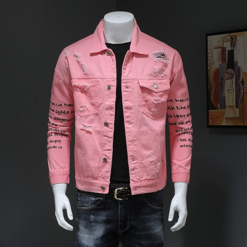 White and pink denim jacket Men's versatile trendy denim print jacket