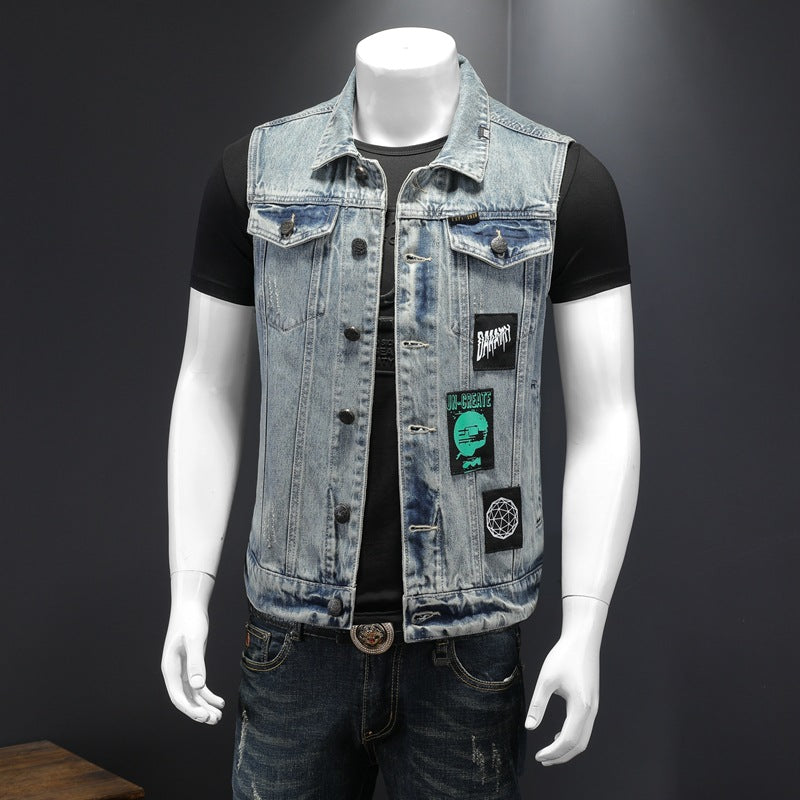 Men's light-colored patch washed denim vest