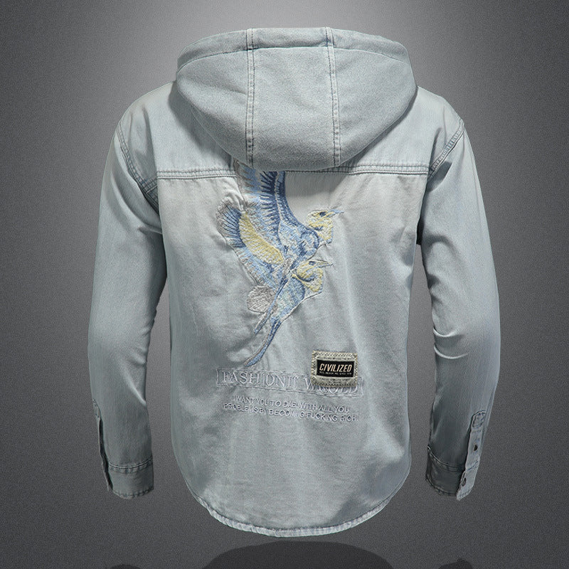 Men's light colored hooded shirt with embroidery