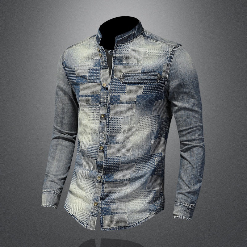 Retro personalized patchwork denim shirt punk shirt men