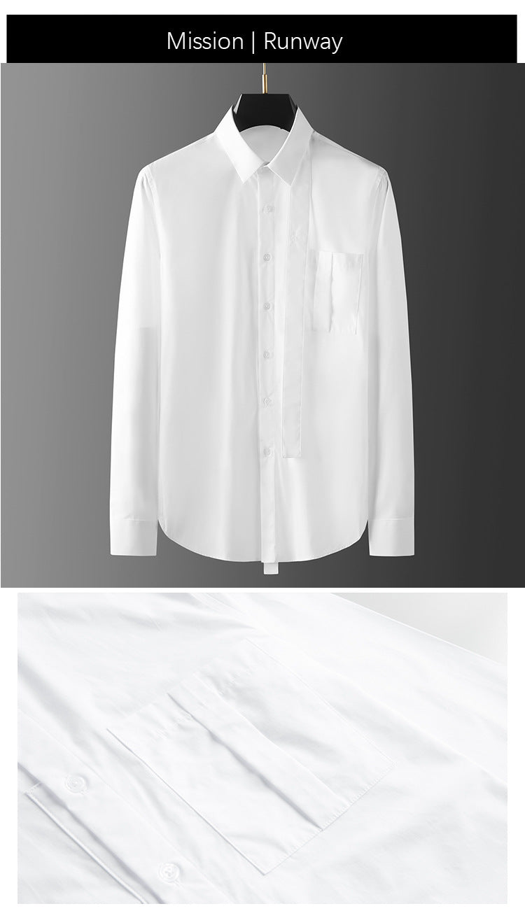 Men's shirt with pocket pleats and ribbon decoration