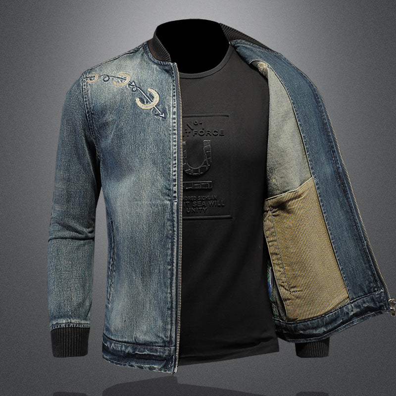 Baseball Rib Embroidered Denim Jacket for Men