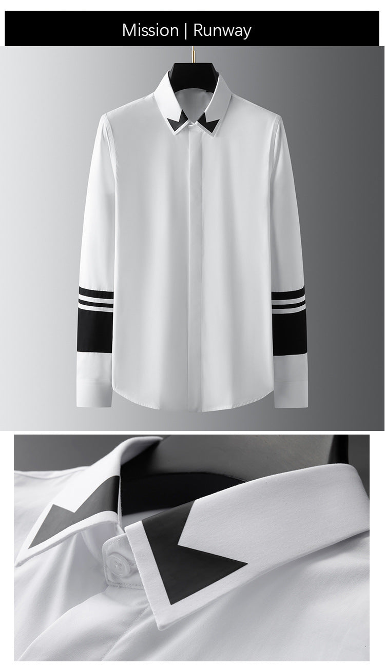 Men's long-sleeved shirt with collar and sleeves in black and white
