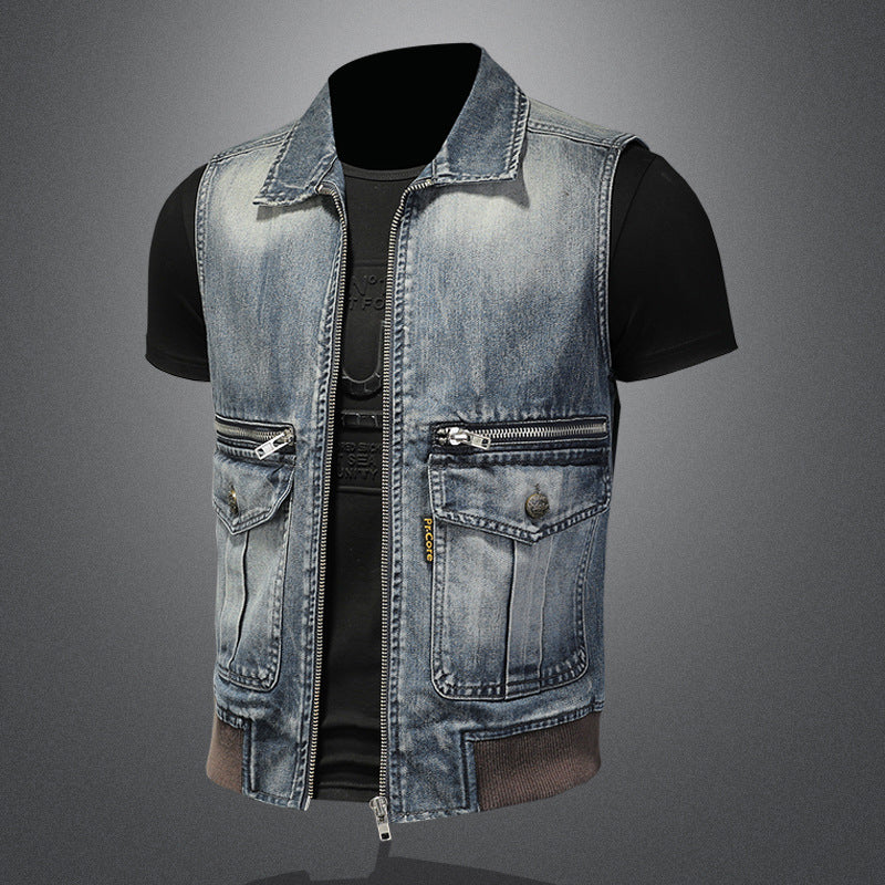 Retro large pocket zipper lapel denim vest for boys trendy vest