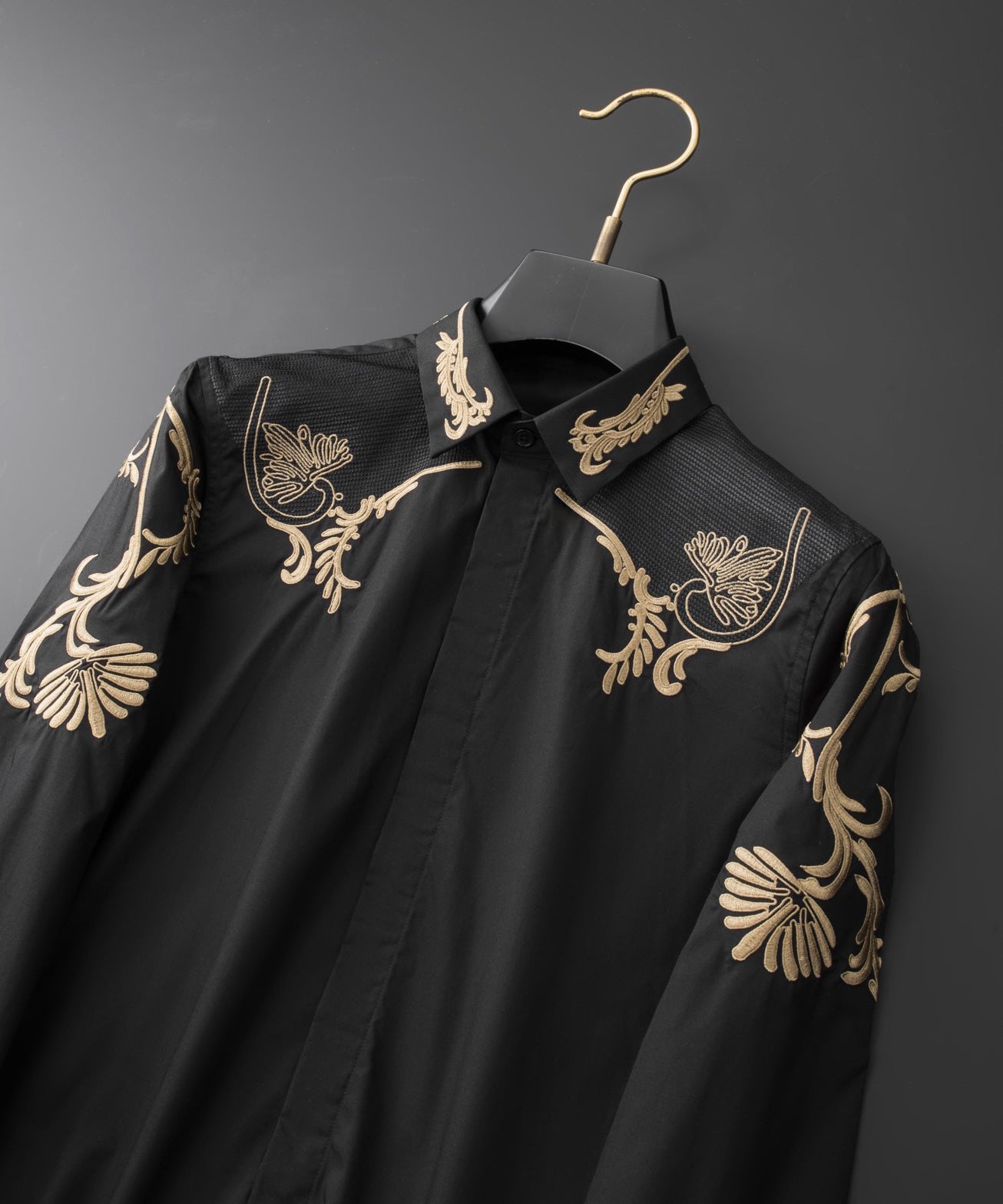 Heavy craft embroidered wheat ear flower men's long sleeve shirt
