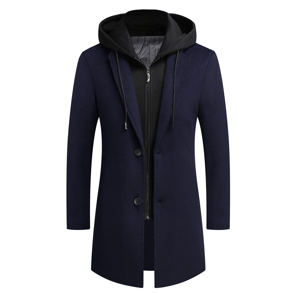 Men's woolen coat mid-length double collar detachable hood woolen coat