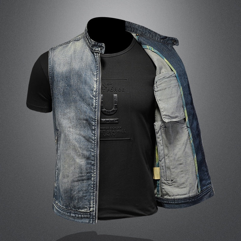 Sexy stand collar denim vest Zipper simple retro trend denim vest for men