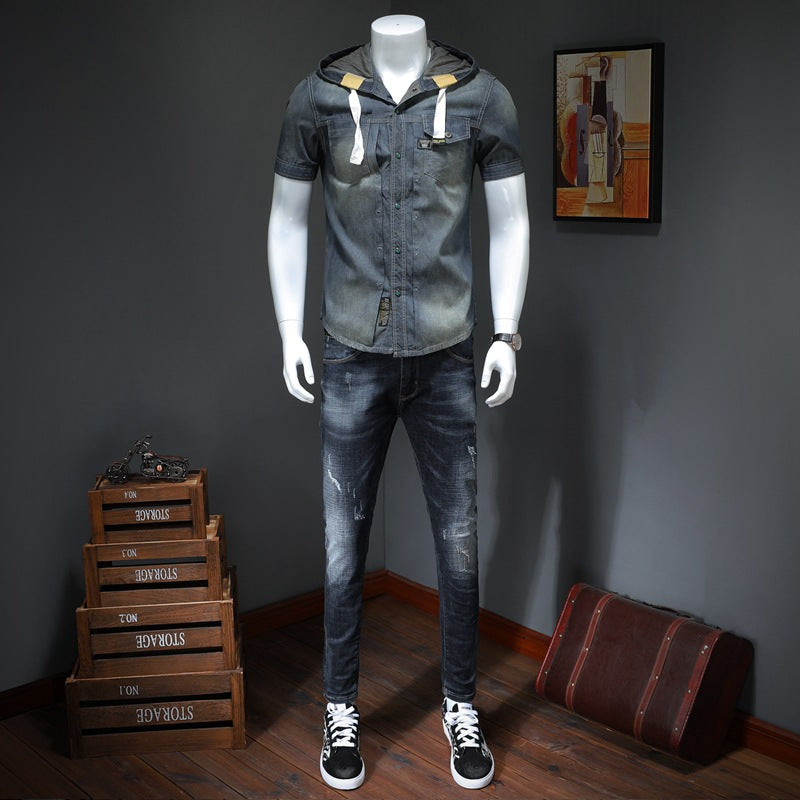 Men's trendy hooded short-sleeved shirts